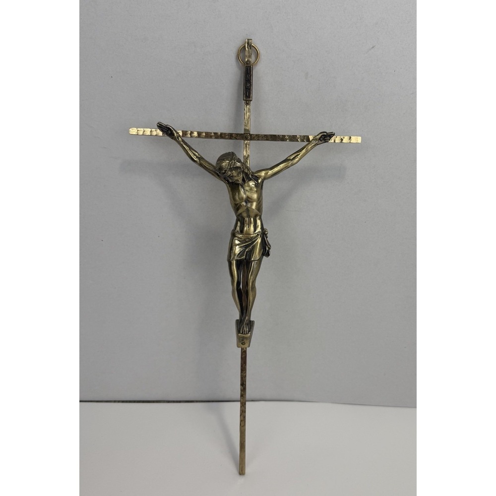 Vintage Gold Brass Tone Metal Wall Hanging Crucifix INRI Cross Jesus 10"X 5" EUC